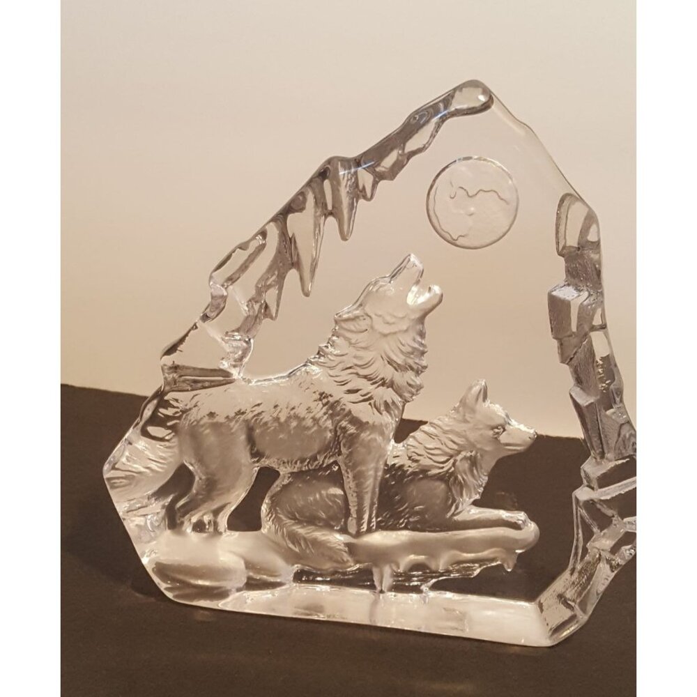 Crystal Etched Howling Wolves Sculpture‎ Paperweight Clear 6.5 X 6.5